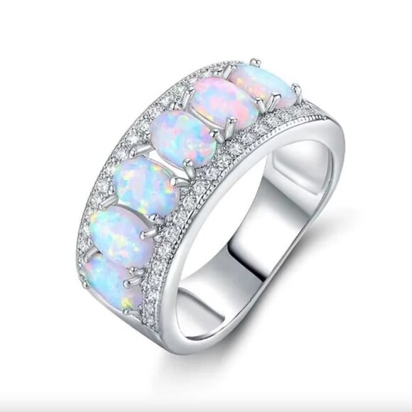 NEW 18k White Gold Diamond Opal Ring Band Wide Ring - Picture 3 of 3
